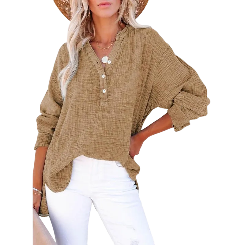 Women's Casual Button V Neck Long Sleeve