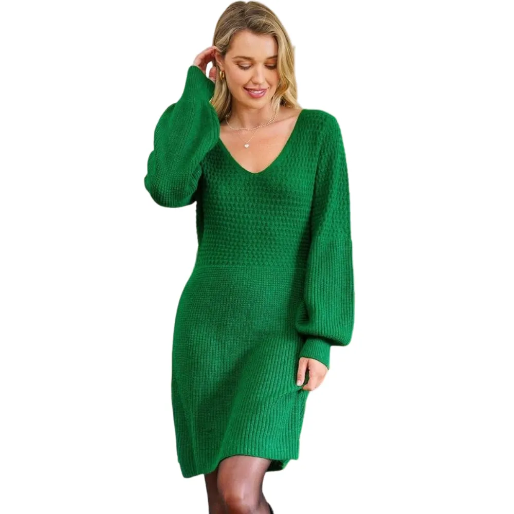 Women's Casual Sweater Dress for Christmas VNeck Honeycomb Long Sleeve Textured Knit Pullover Dresses Womenswear Fall Dress Early Autumn