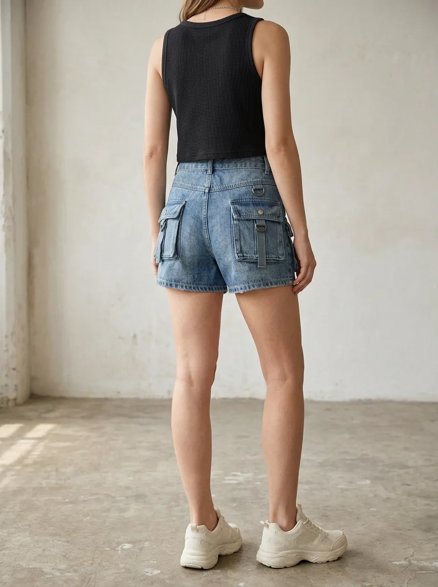 Women's Casual Streetwear Multi-Pocket Belted Denim Shorts