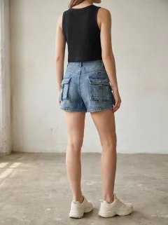Women's Casual Streetwear Multi-Pocket Belted Denim Shorts