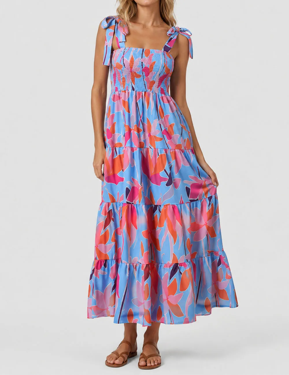 Abstract Smocked Strap Square Neck Midi Dress