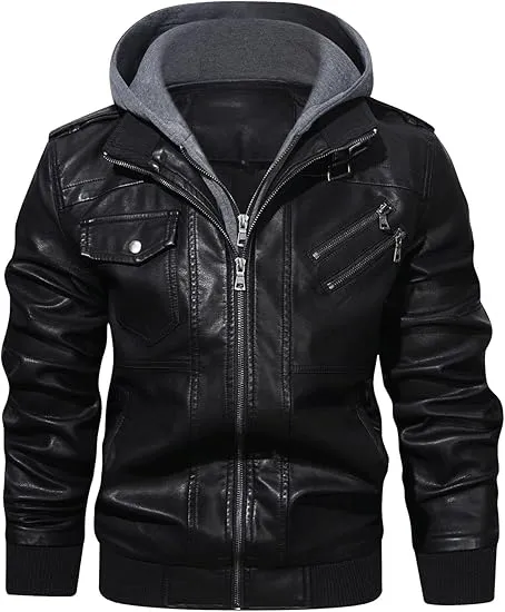 🧥 Men’s Casual Stand Collar PU Faux Leather Motorcycle Jacket with Removable Hood