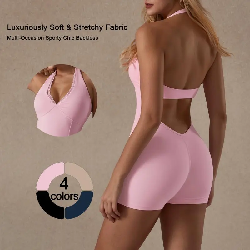 Backless Halter Activewear With Lace Trim