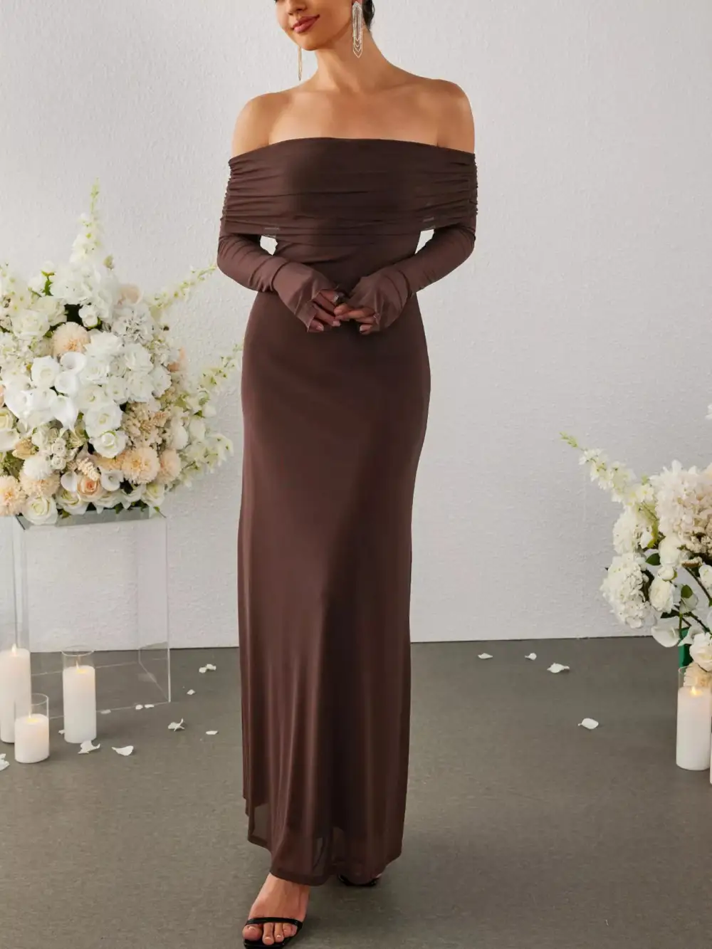 Wearable Cut Ruched Long Sleeve Maxi Dress
