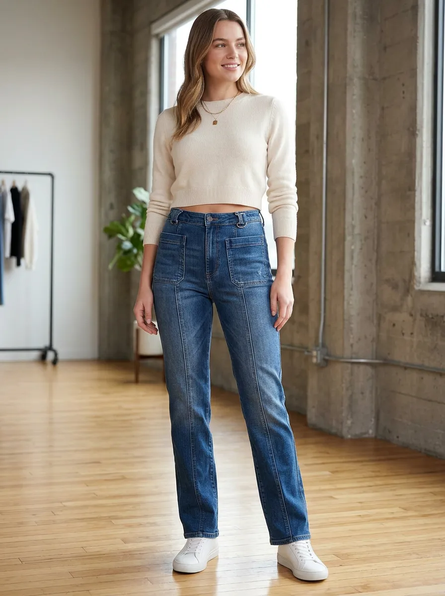 Women's High-Waisted Patch Pocket Seamed Denim Jeans