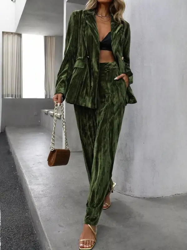 Lapel Collar Long Sleeve Blazer and Pants Set