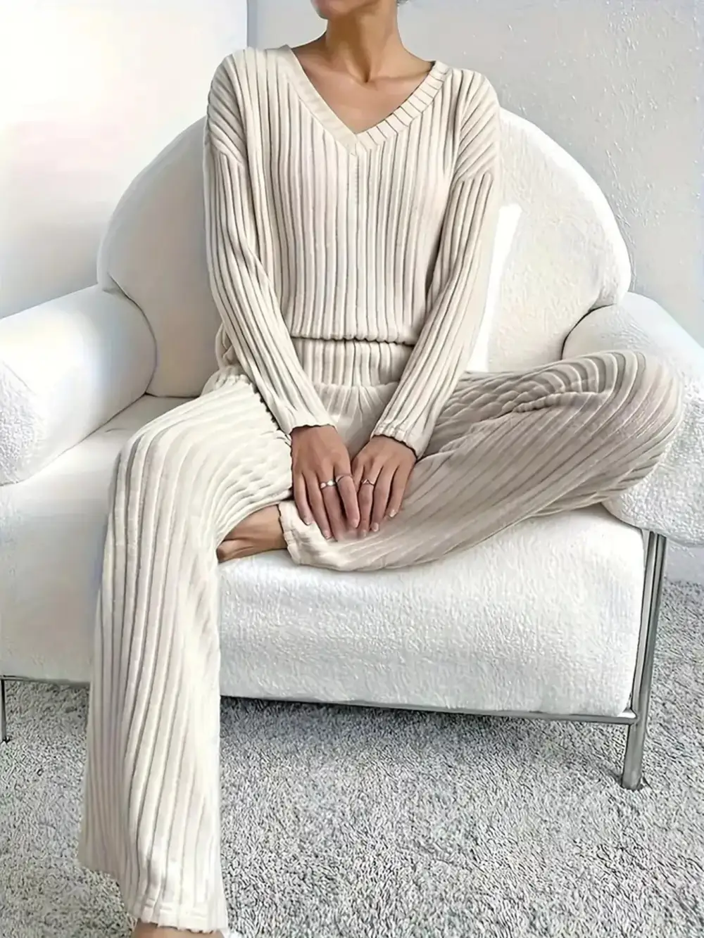 Classic Ribbed Knit V Neck Top and Pants Set