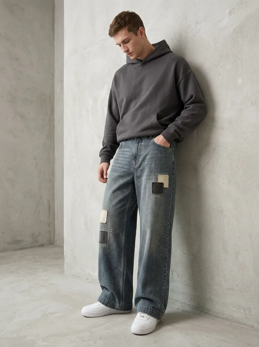 Men's Classic Geometric Patchwork Wide Leg Jeans