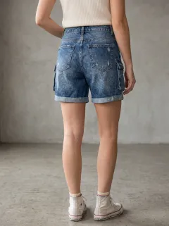 Women's Modern Distressed Cargo Pocket Cargo Denim Shorts