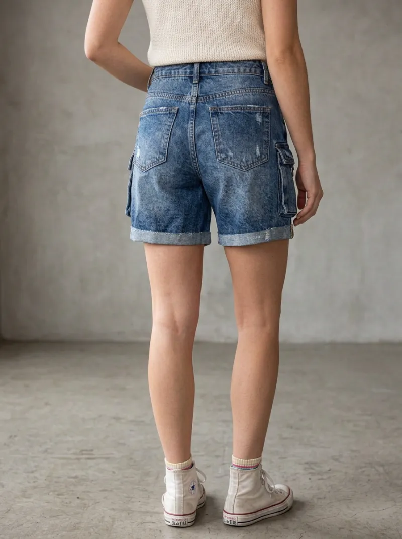 Women's Modern Distressed Cargo Pocket Cargo Denim Shorts