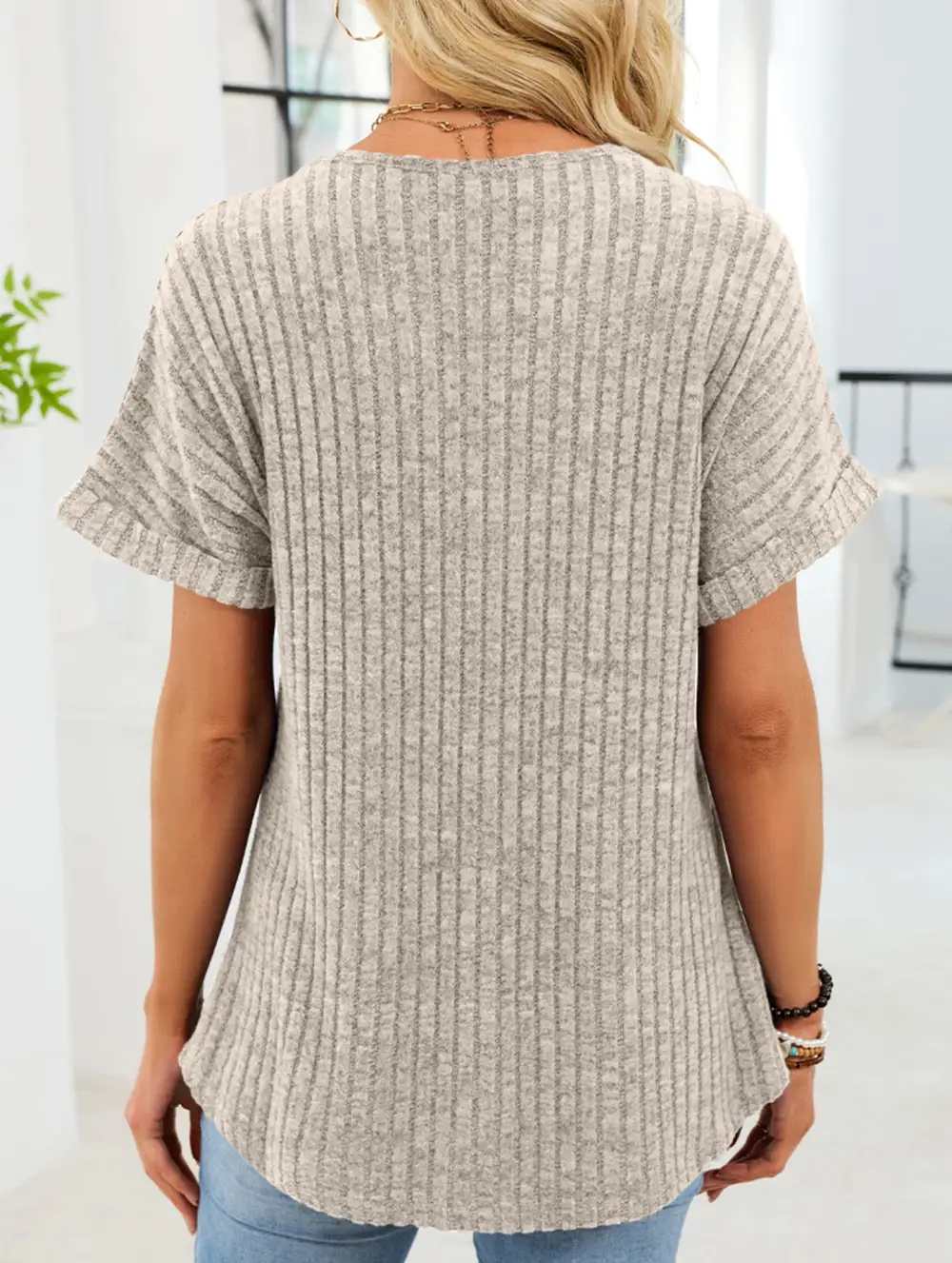 V Neck Button Front Loose Ribbed Tee