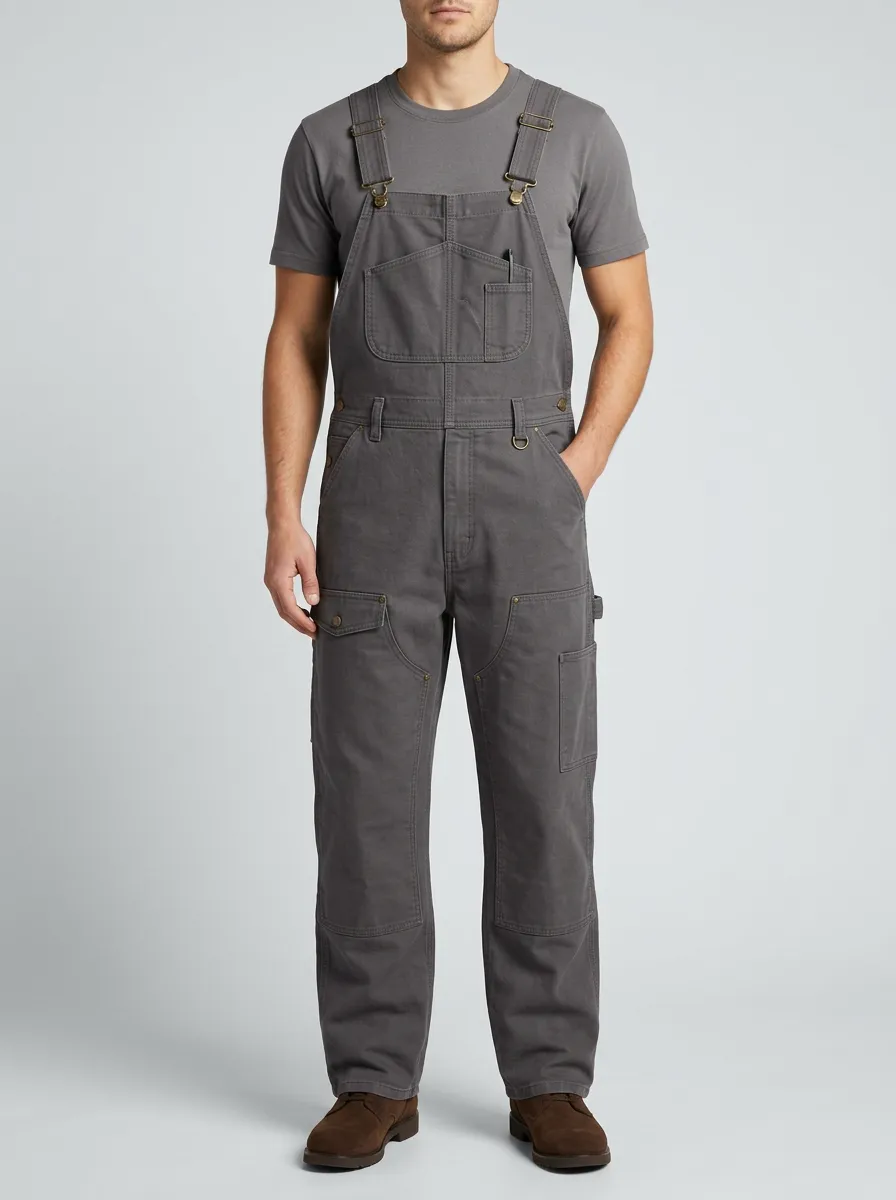 Men's Casual Workwear Grey Cotton Utility Bib Overalls