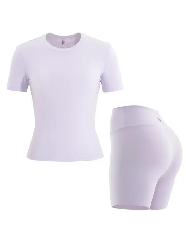 Women'S Solid Round Neck Tee & High Waist Biker Shorts Tracksuit Set, Crew Neck Short Sleeve T-Shirt & Skinny Shorts, Gym Clothes, Tracksuits For Ladies, Casual Sportswear For Indoor Outdoor Wear, Gym