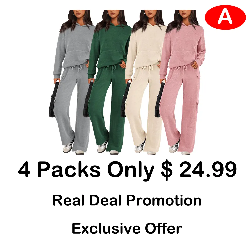 Women's 2-Piece Knitted Sets Hoodie & Wide Leg Pants with Pockets Drawstring