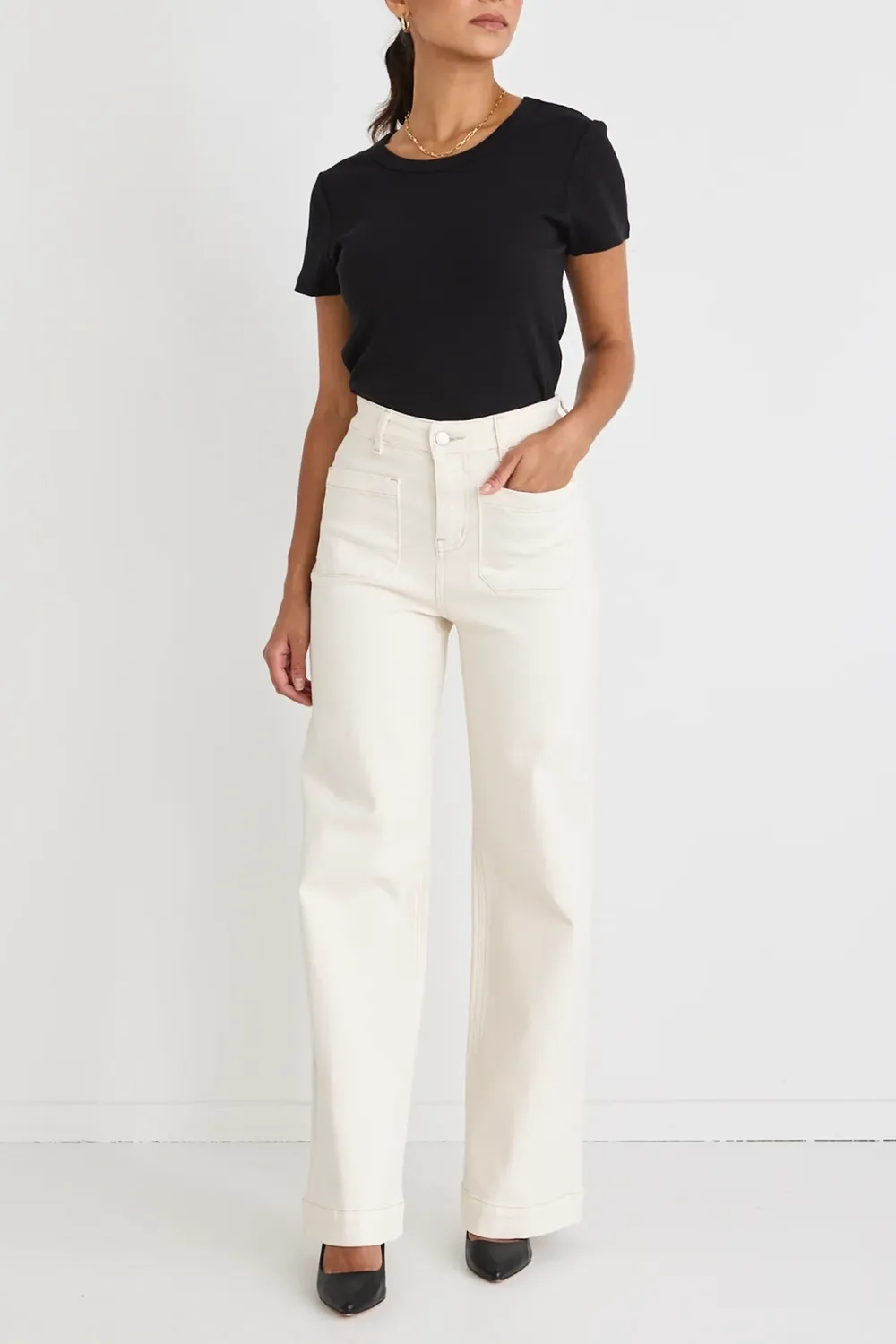 Ecru High Rise Wide Leg Pocket Jean