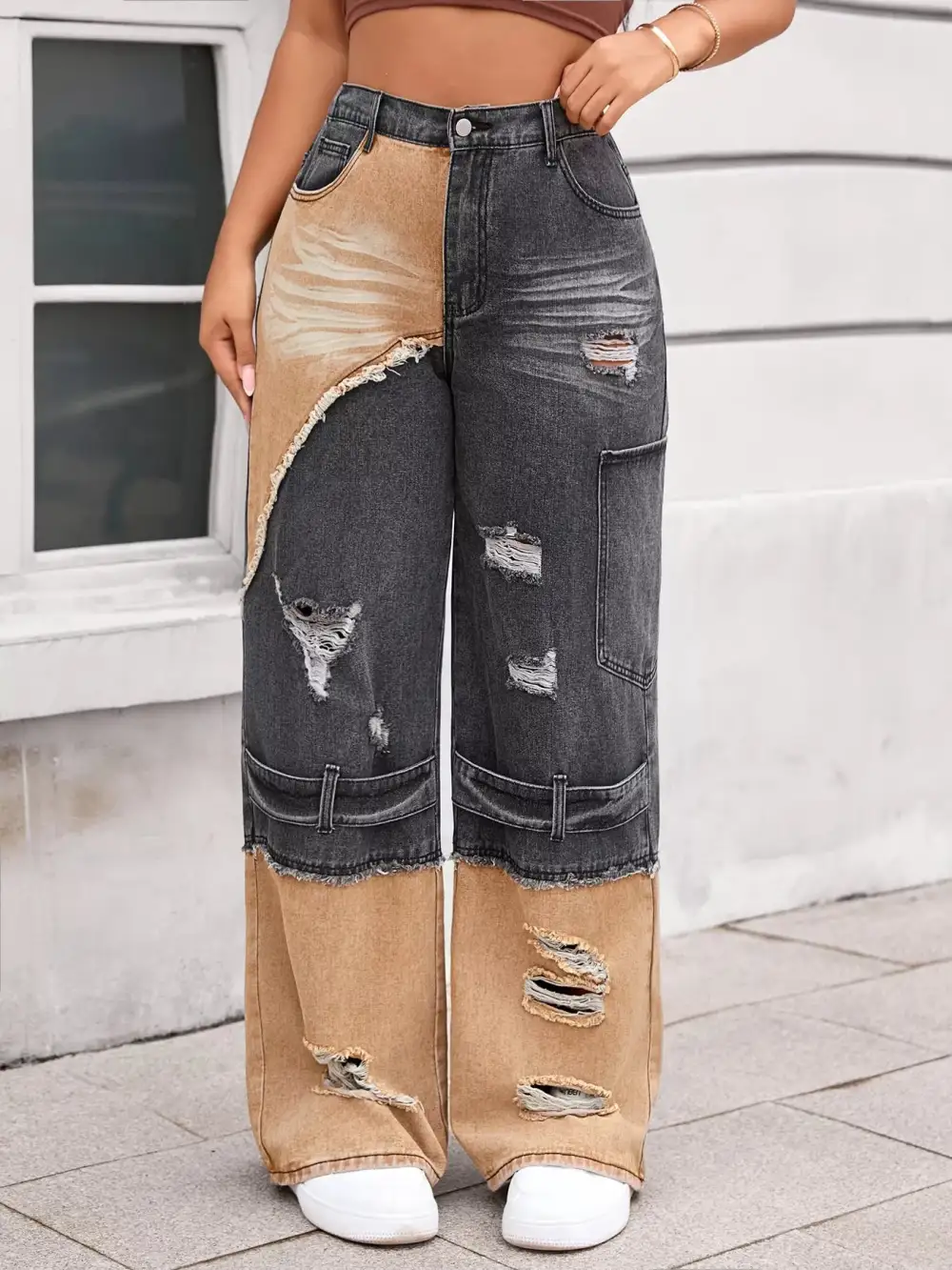 Wide Leg Ripped Denim Jeans