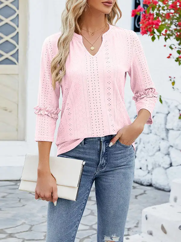 Relaxed Three Quarter Sleeves Jacquard V-Neck T-Shirt