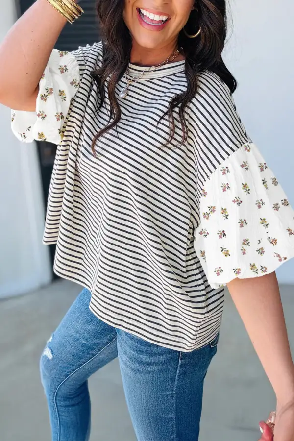 Striped Floral Puff Sleeve Blouse