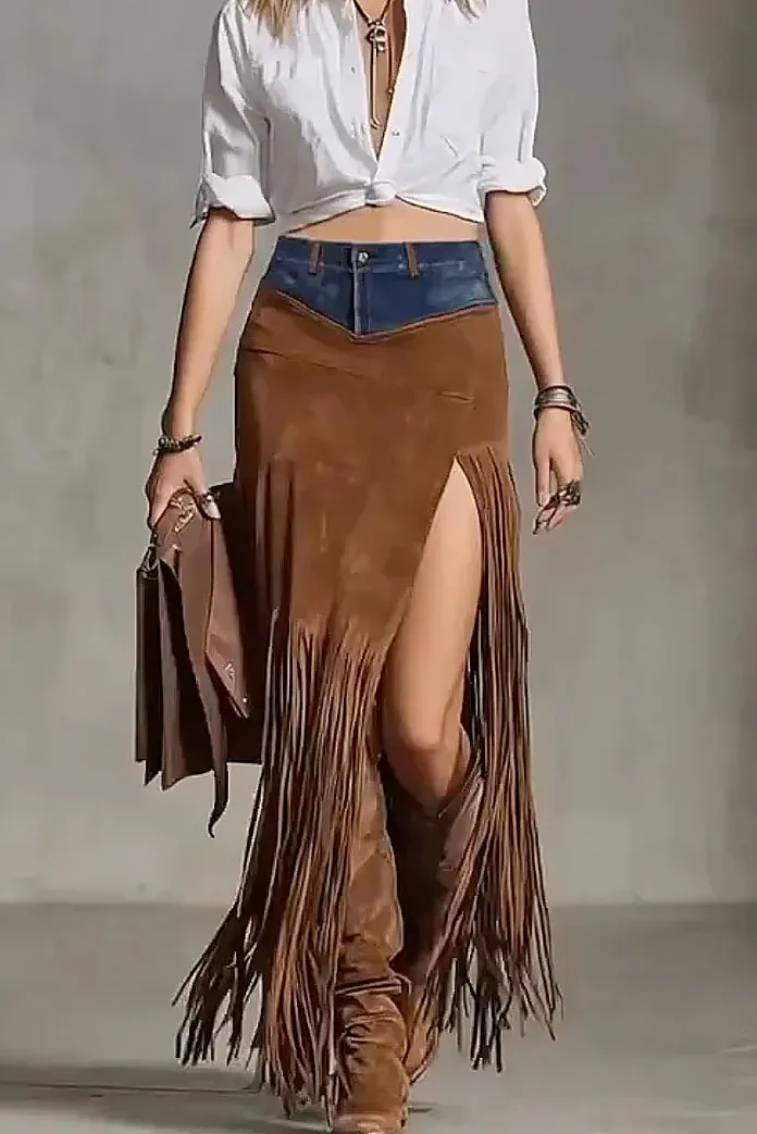 Fringe Suede Boho Maxi Skirt