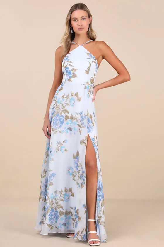 Romantic Marvel Navy Floral Print Halter Neck Maxi Dress