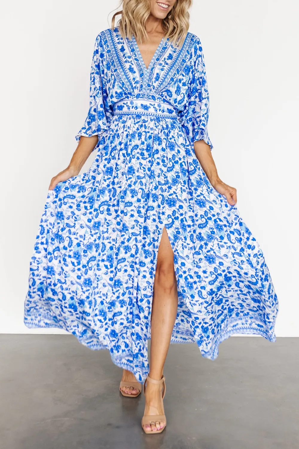 Blue Floral Slit High-Waisted  Dress