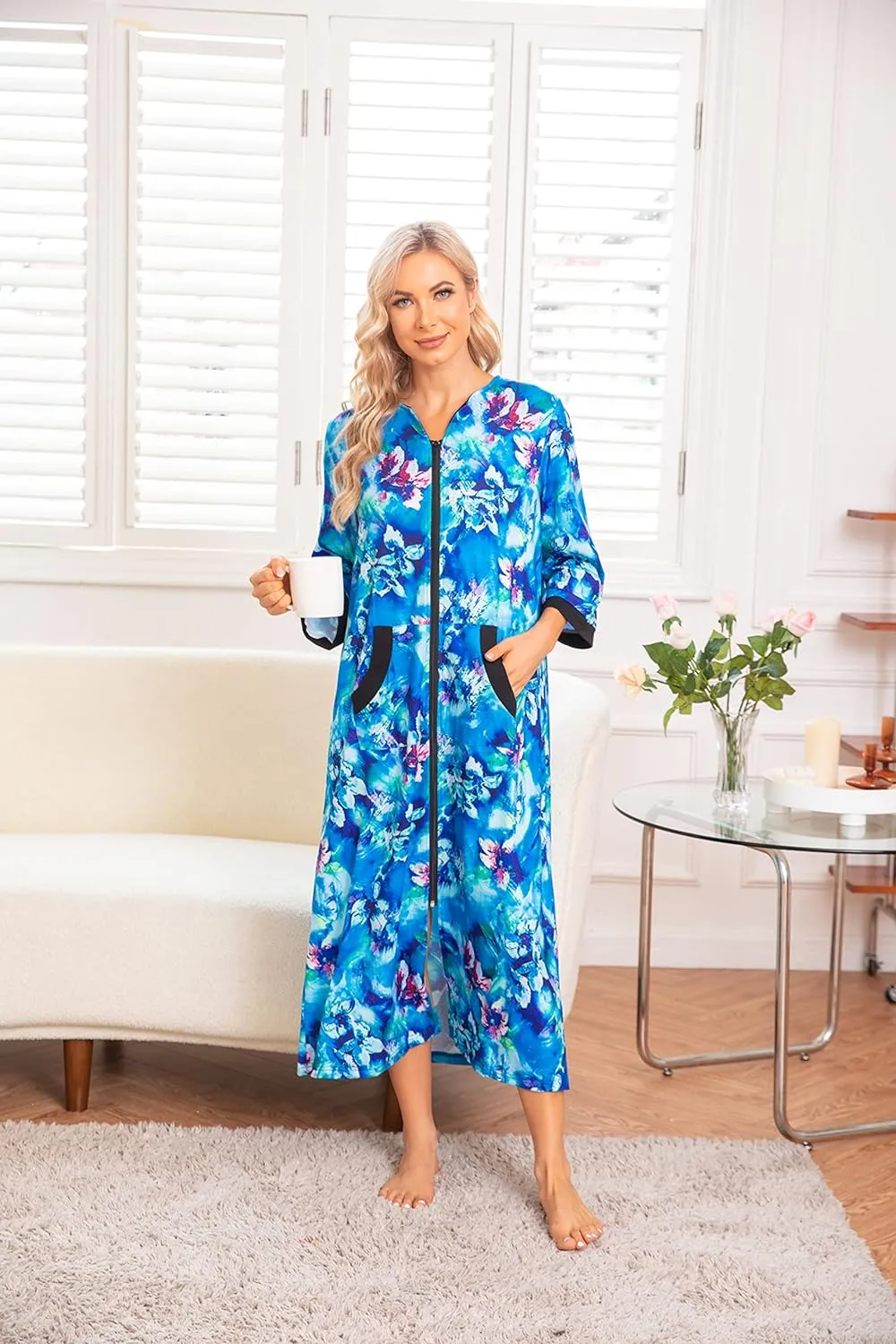 50% OFF Women Zipper Robe 3/4 Sleeves Loungewear Dress Full Length Sleepwear Pockets Housecoat Nightgown Long Bathrobe