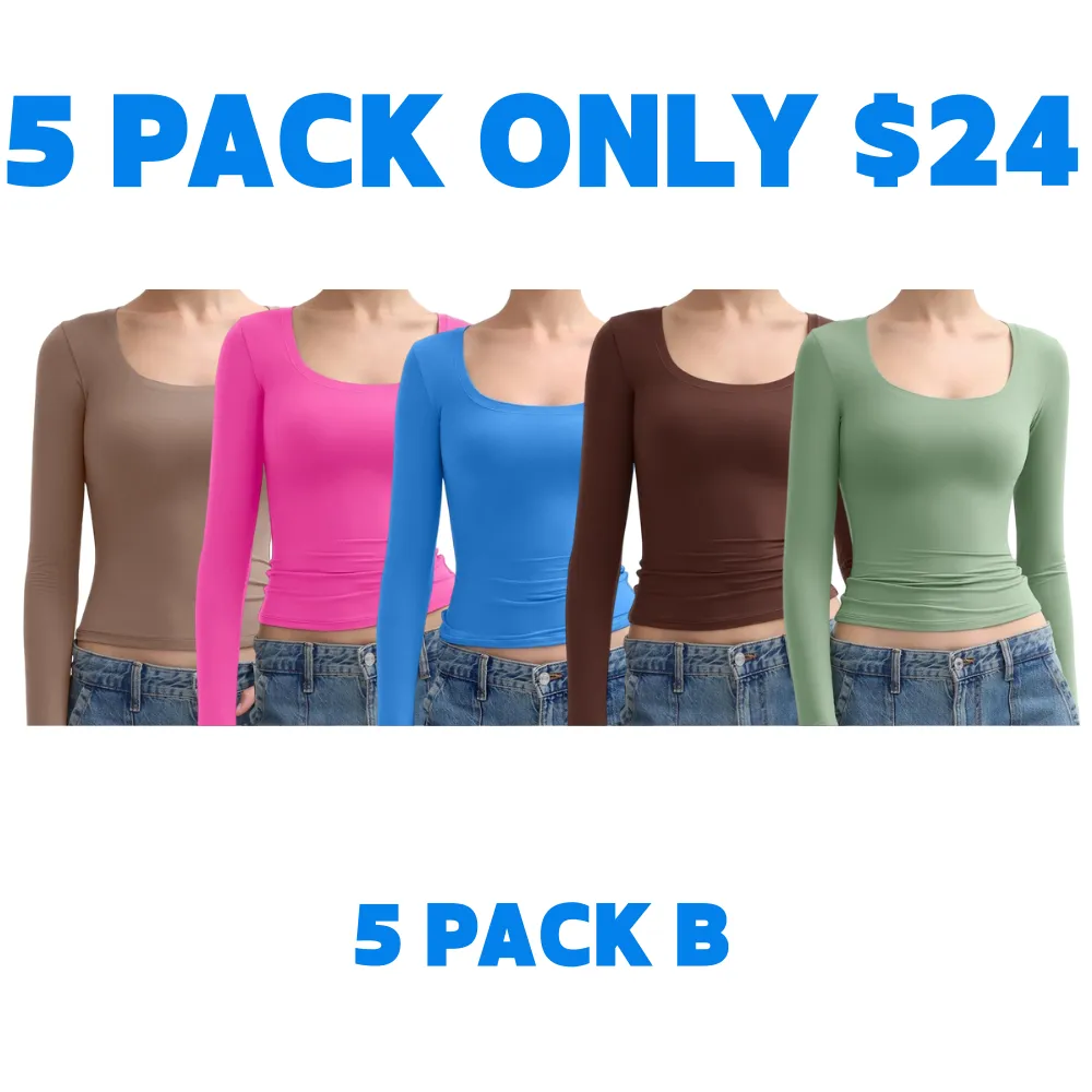 Women‘s Scoop Neck Long Sleeve Top Double Layer Slimfit Fall Outfits