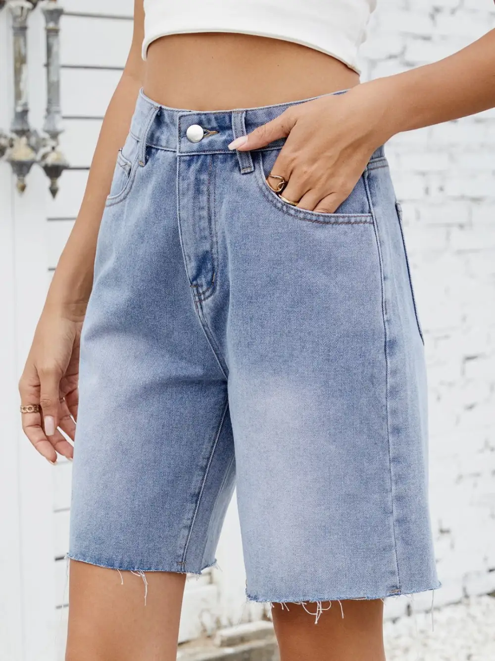 Textured Washed Raw Hem Denim Shorts
