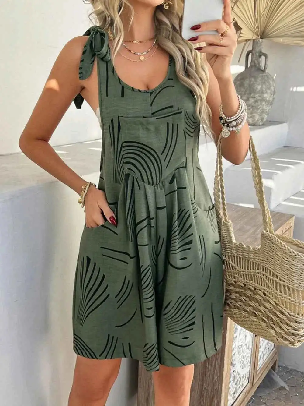 Printed Tie Shoulder Overalls With Pockets