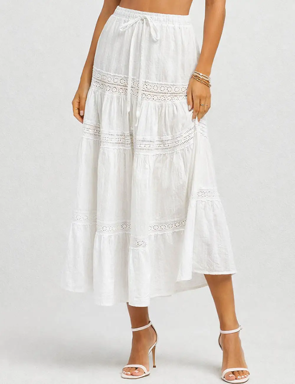 Elastic Waist Eyelet Lace Panel Tiered Maxi Skirt