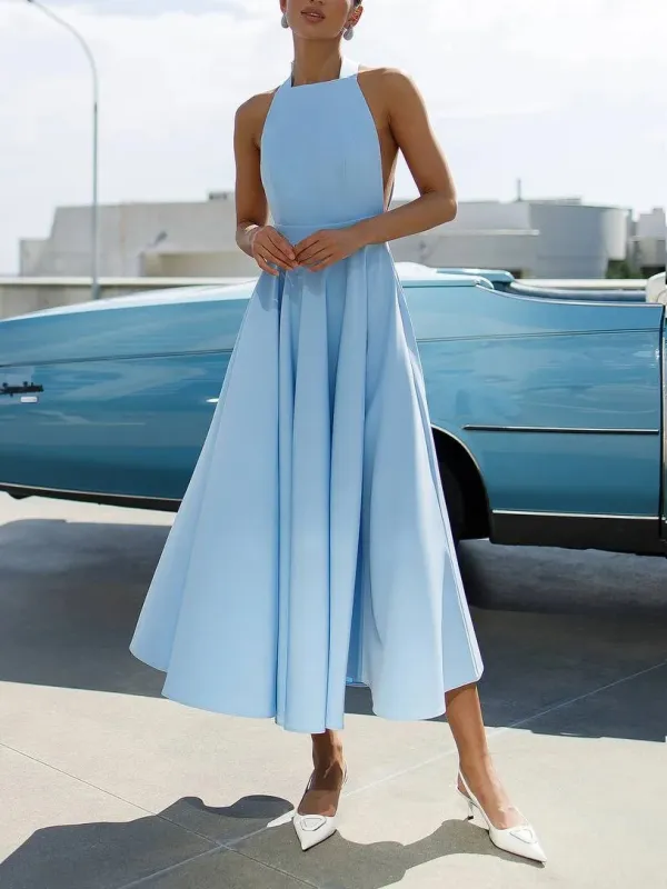 Elegant Halter Neck Flared Midi Dress