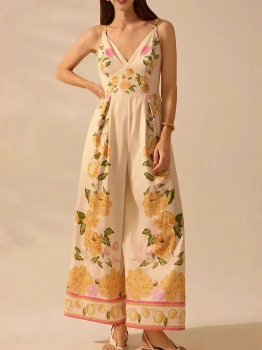 Floral Print Wide Leg V Neck Jumpsuit