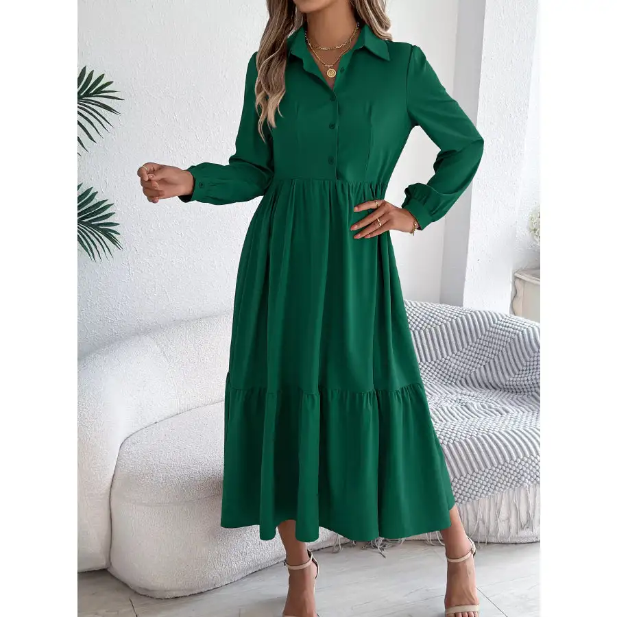 Long Sleeve Tiered Button Front Midi Dress