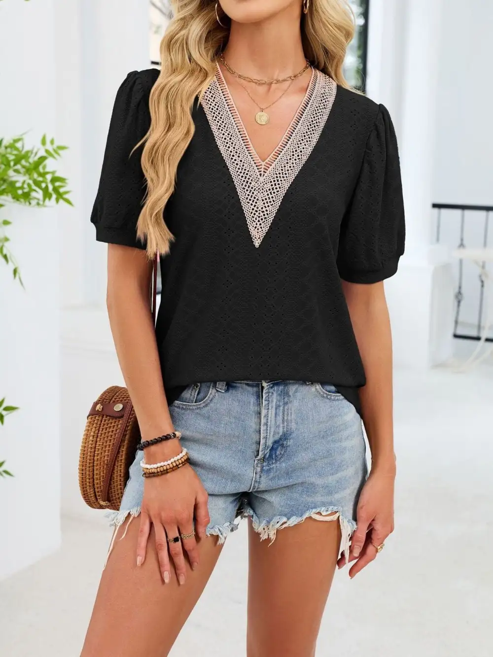 Refined V-Neck Short-Sleeve Lace-Detail T-Shirt
