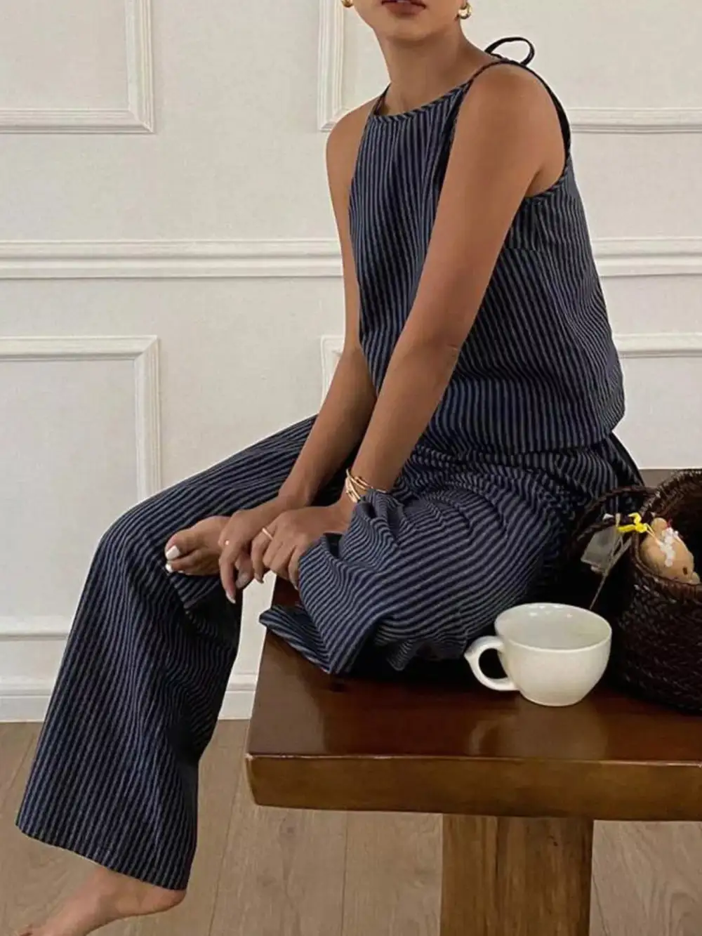 Refined Striped Sleeveless Top and Wide Leg Pants Set