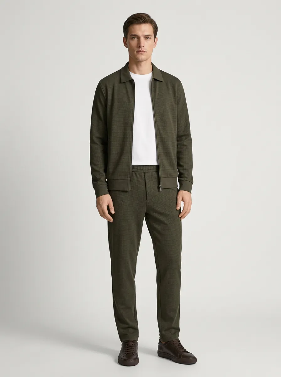 Men's Modern Textured Zip-Up Minimal Polo Collar Jacket and Jogger Pants Set