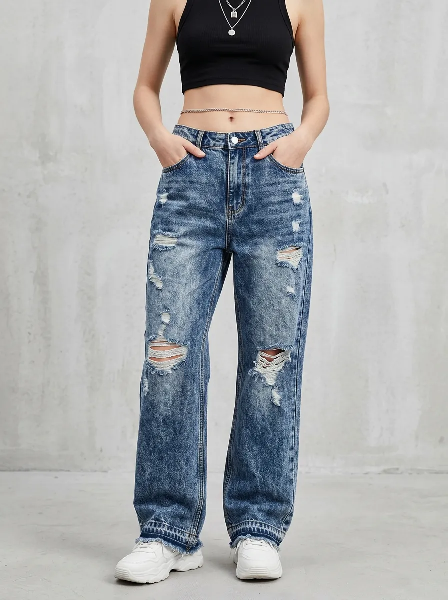 Women's Acid Wash Distressed Ripped Denim Jeans