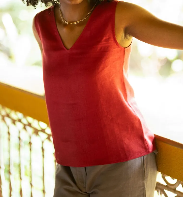Rust Red Linen V-Neck Tank