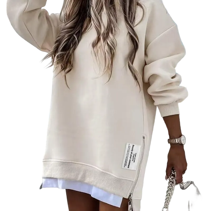 Womens Long Sleeve Pullover Sweatshirt Zipper Slit Casual Dress