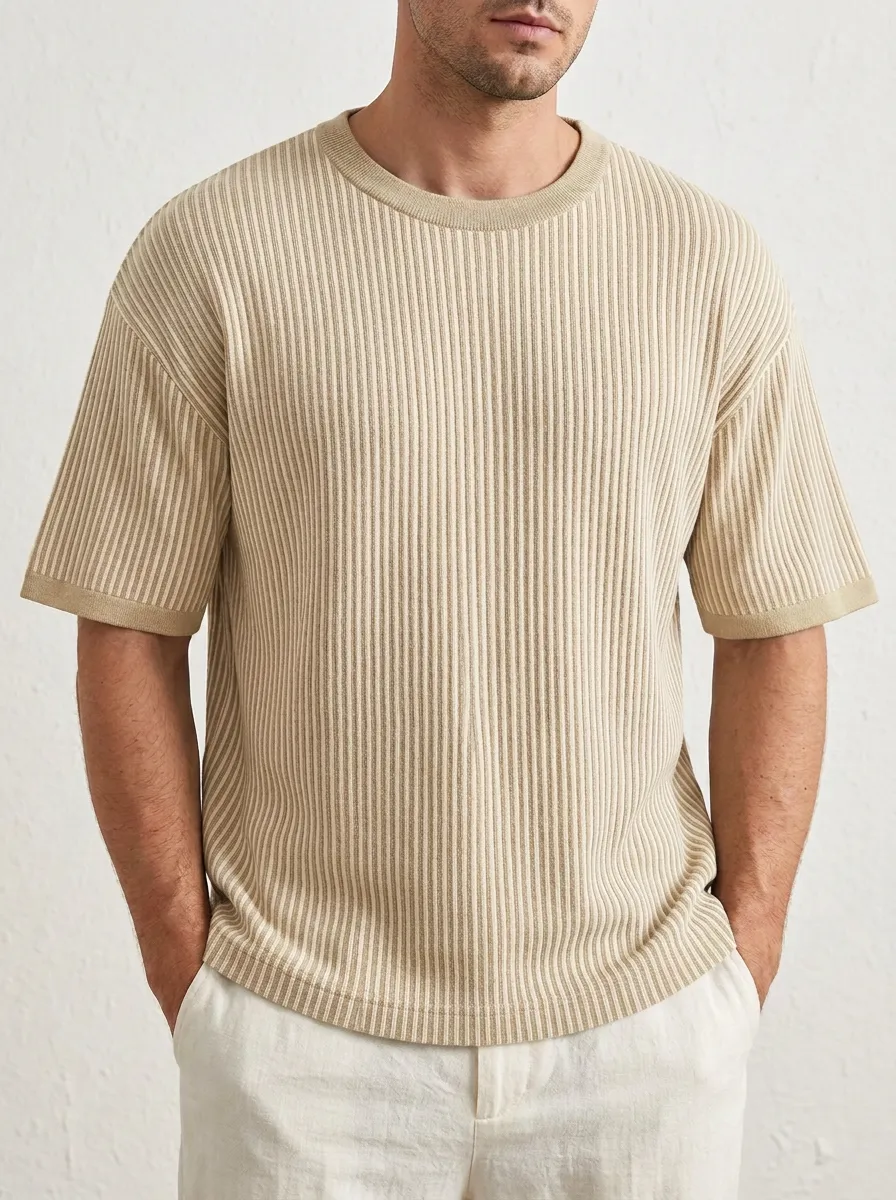 Vertical-Stripe Textured-Knit Men's Knit Crew-Neck T-Shirt