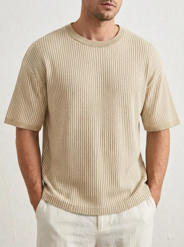 Vertical-Stripe Textured-Knit Men's Knit Crew-Neck T-Shirt