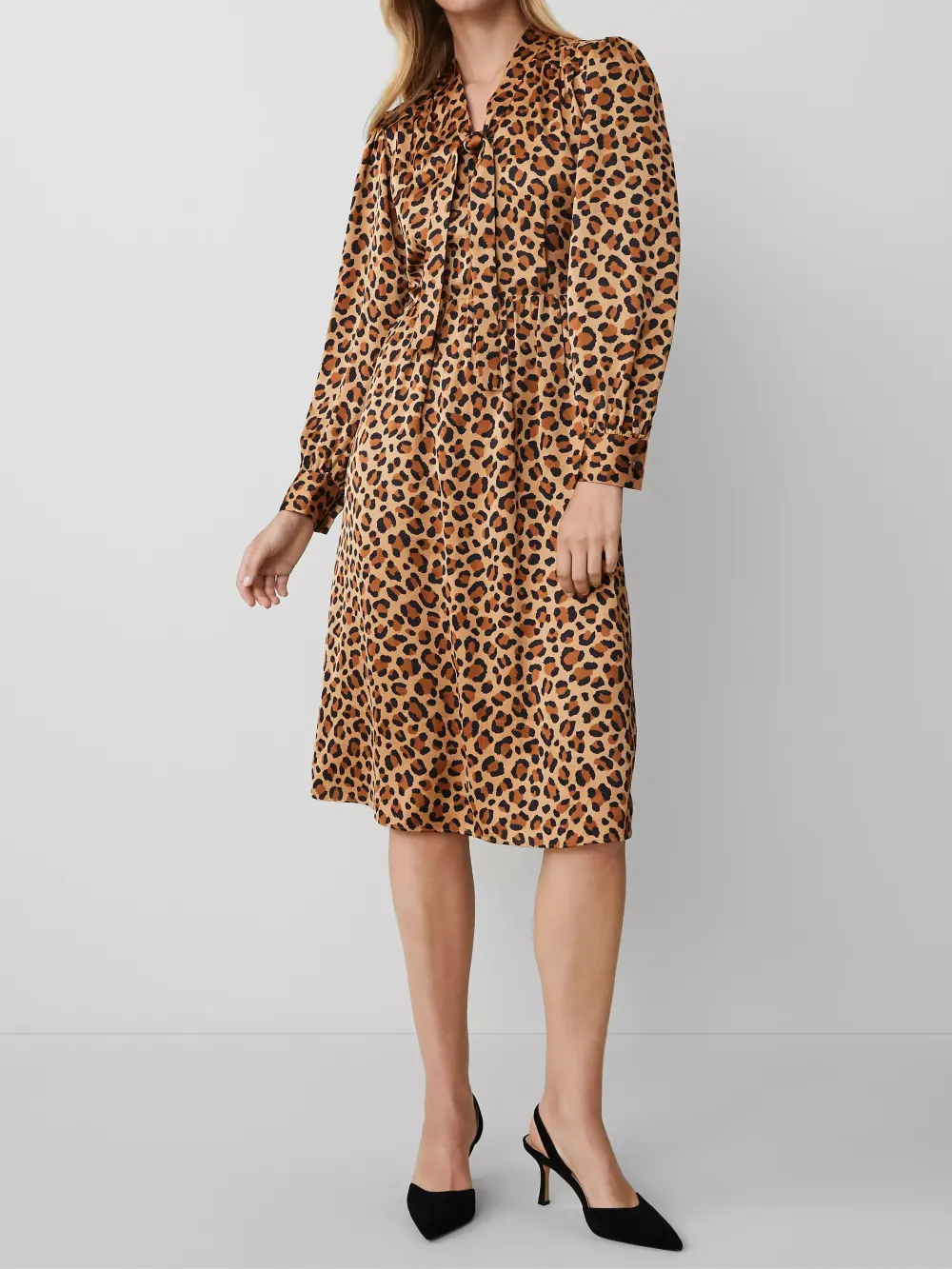 Animal Print Tie Neck Midi Dress
