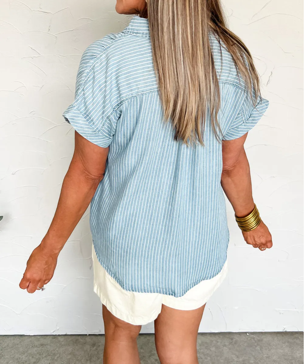 Sky Blue Stripe Cuffed Short Sleeve Button Up Loose Shirt