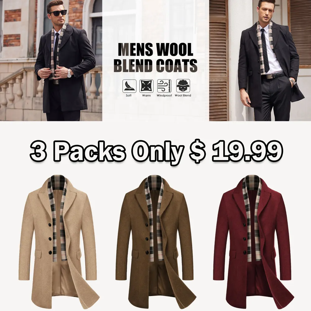 Men's Wool Blend Coat with Detachable Plaid Scarf Classic Warmth. Smart Design. Timeless Winter Style.