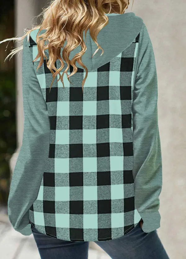 Mint Green Pocket Plaid Long Sleeve Hoodie