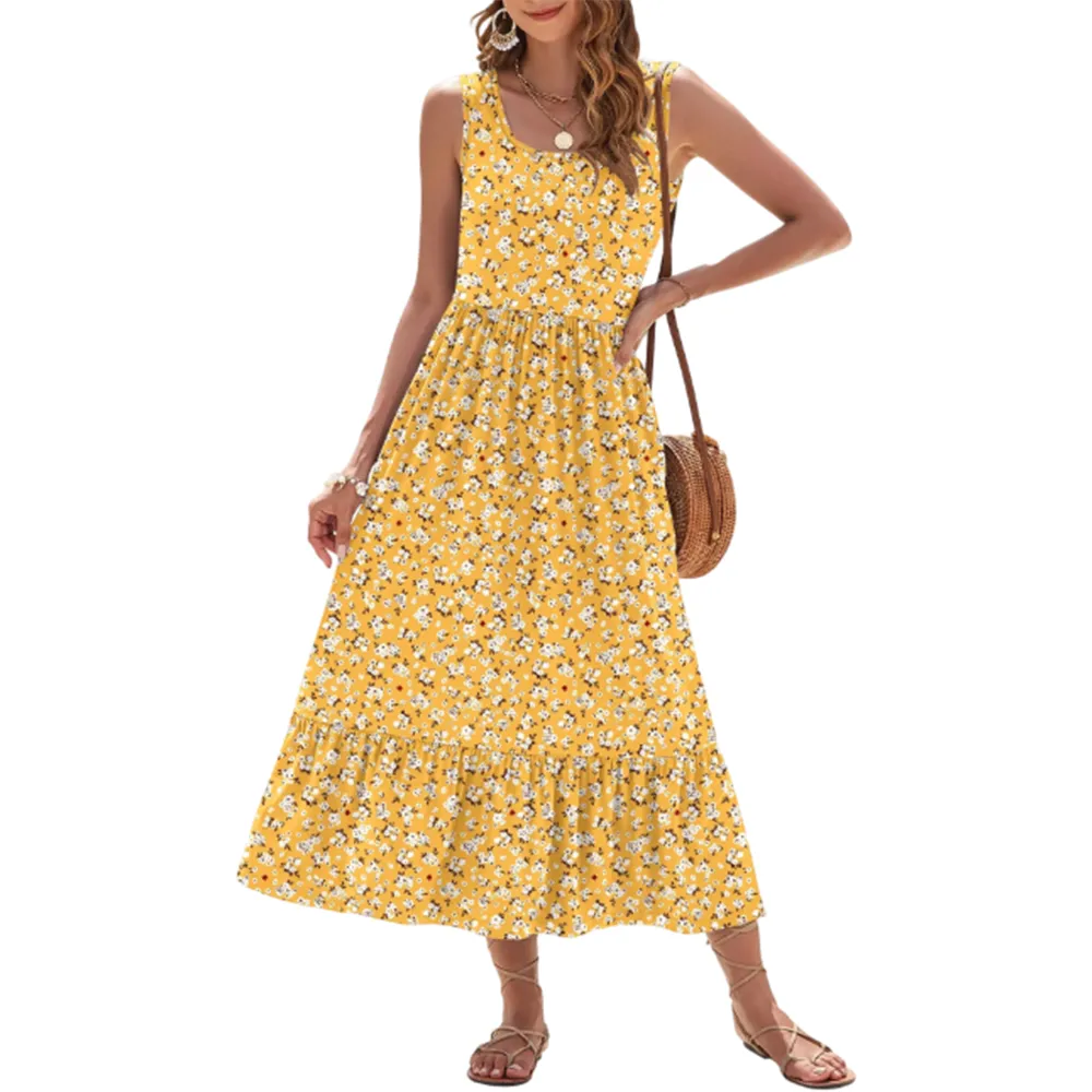 Women's Square Neck Sleeveless Floral Tiered Maxi Dress With Pockets