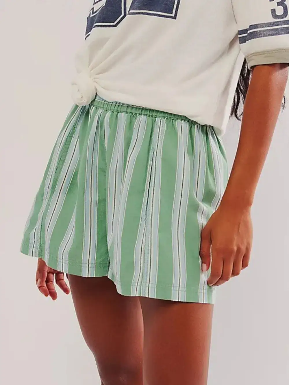 Cotton-Blend Striped Elastic Waist Shorts