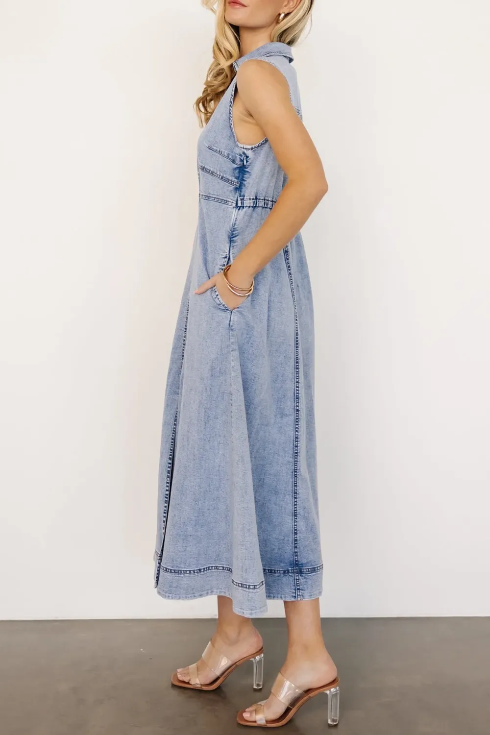 High-Waisted Minimalist Cut V-Neck Denim Dress
