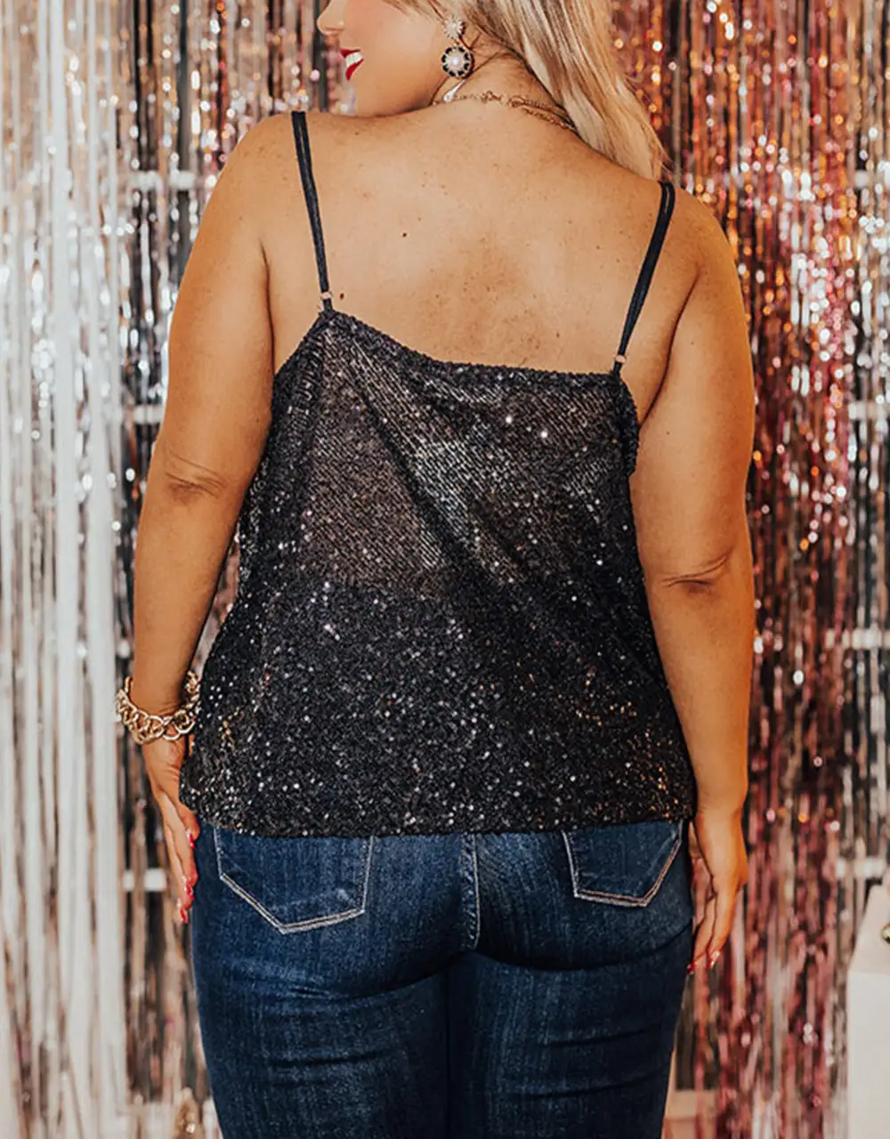 Plus Size Drape Neck Sequin Tank Top