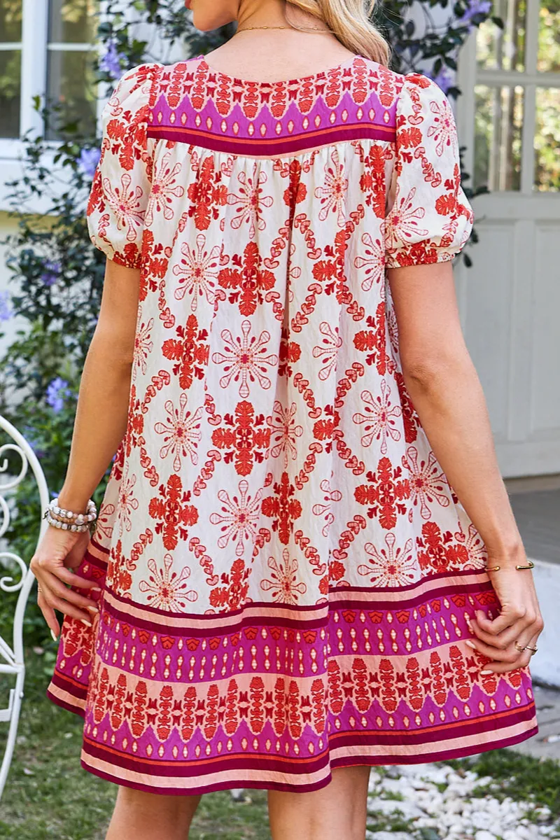 Boho Short Sleeve Lace-Up V Neck Mini Dress
